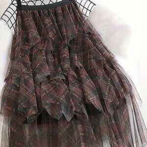 Coffee Mesh Frilly Plaid Pattern Skirt